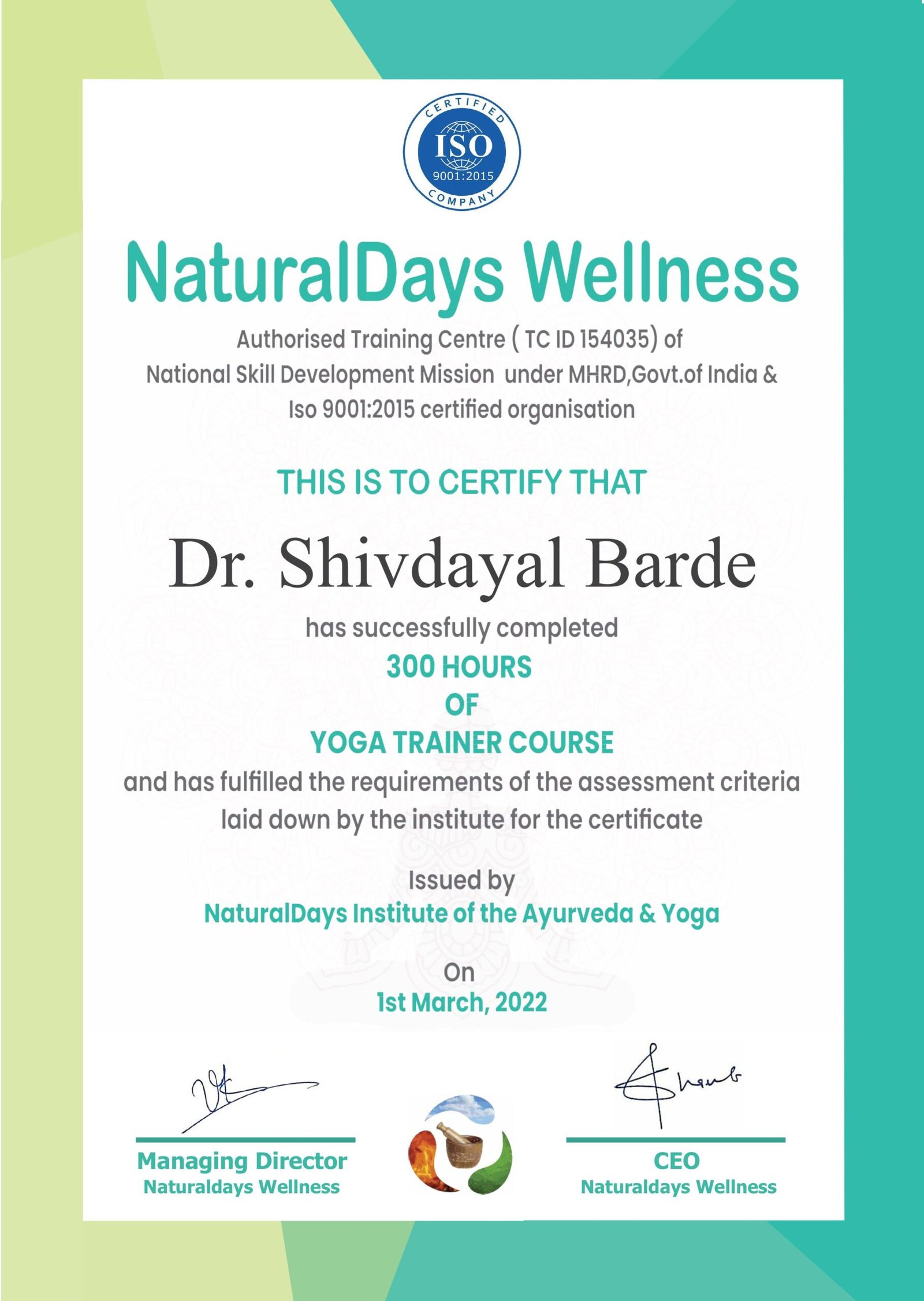 Certificate of Yoga Trainer Course